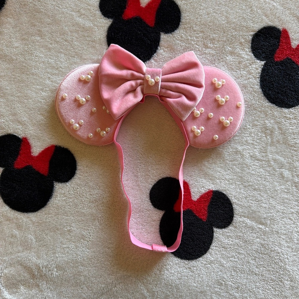 Pink Velvet Mouse Ears Headband Pearl Mickey Accents Bow Disney Inspired - U614